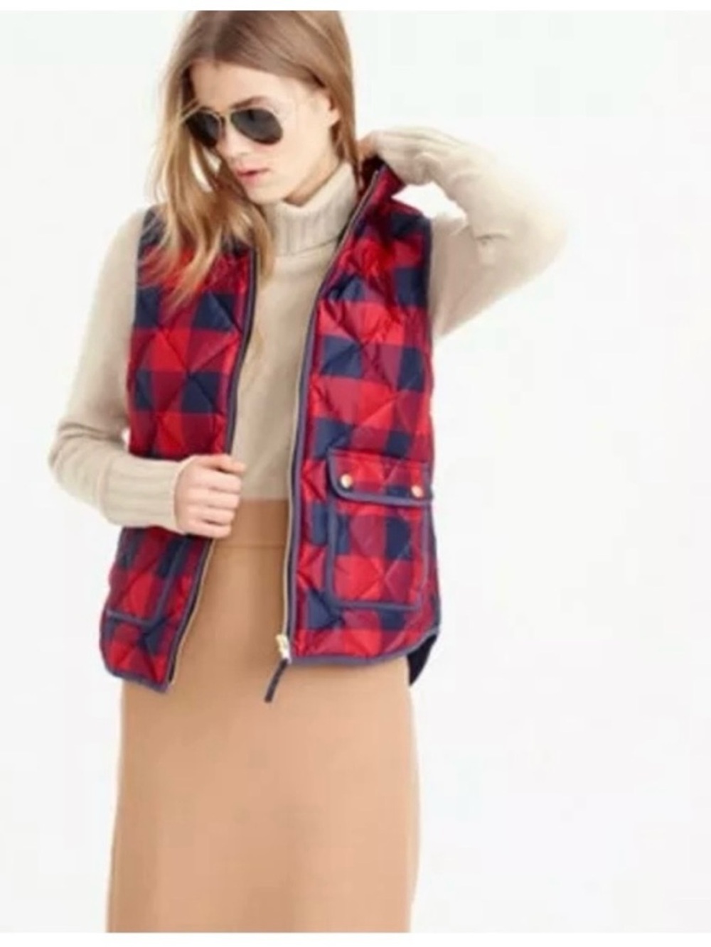 J Crew Excursion Puffer Vest Red Buffalo Plaid Navy Blue Down Fill Womens - Picture 2 of 11